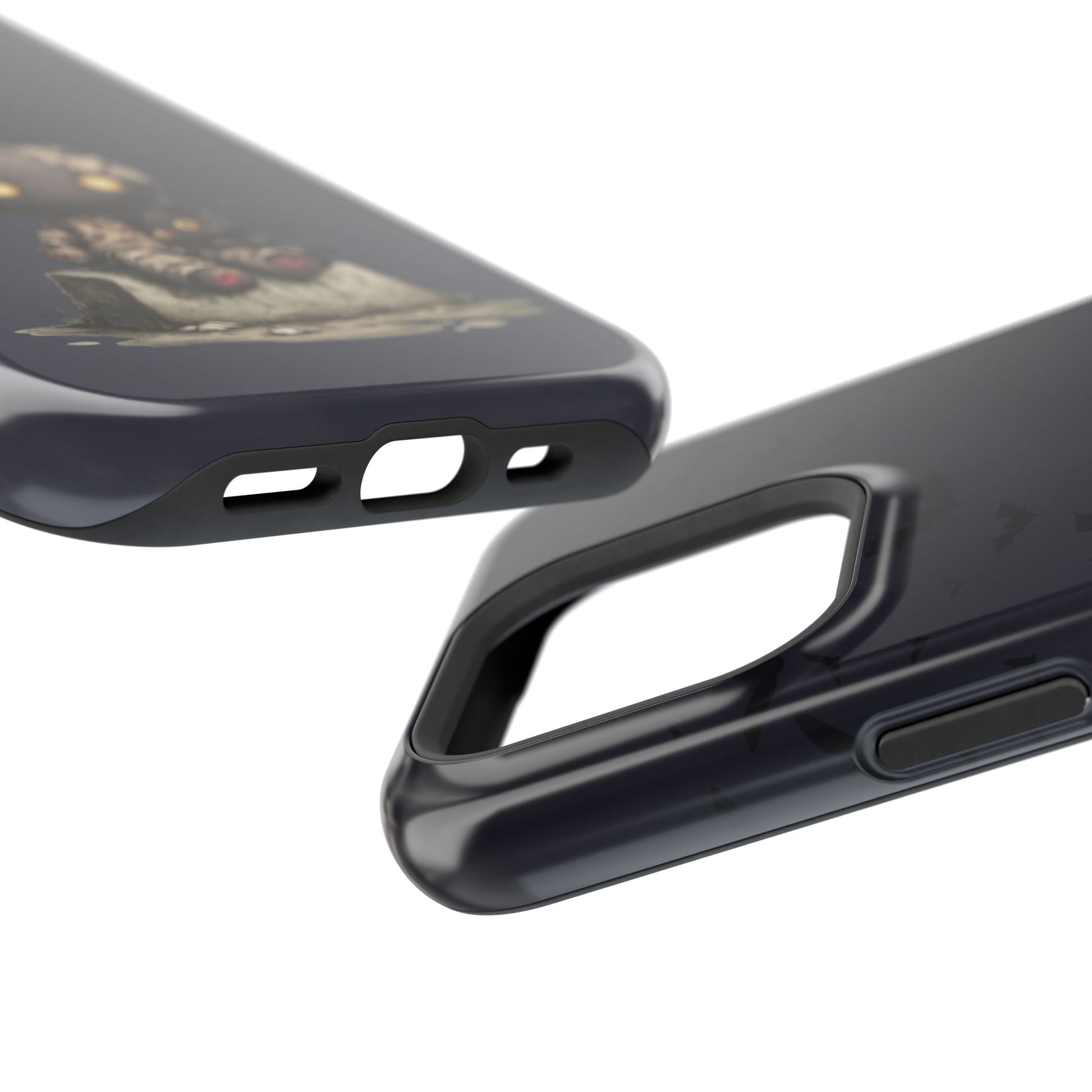 Clear, open ports for connectivity on a iPhone tough phone case with halloween playful black cat print