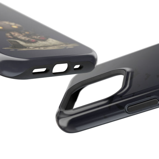 Clear, open ports for connectivity on a iPhone tough phone case with halloween playful black cat print
