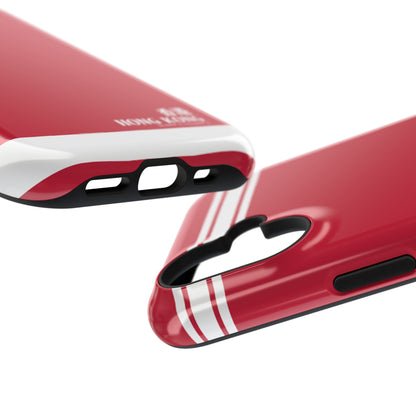 Charging pot cutouts on a protective dual layer case featuring Hong Kong text and athletic stripes
