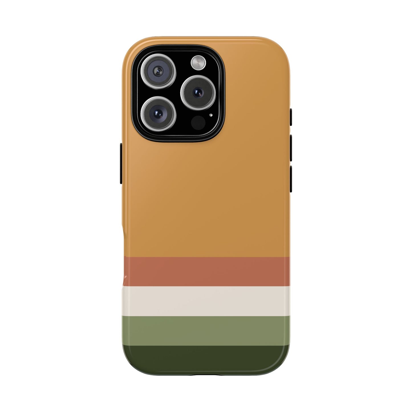 Protective dual-layer case featuring warm fall inspired horizontal stripes