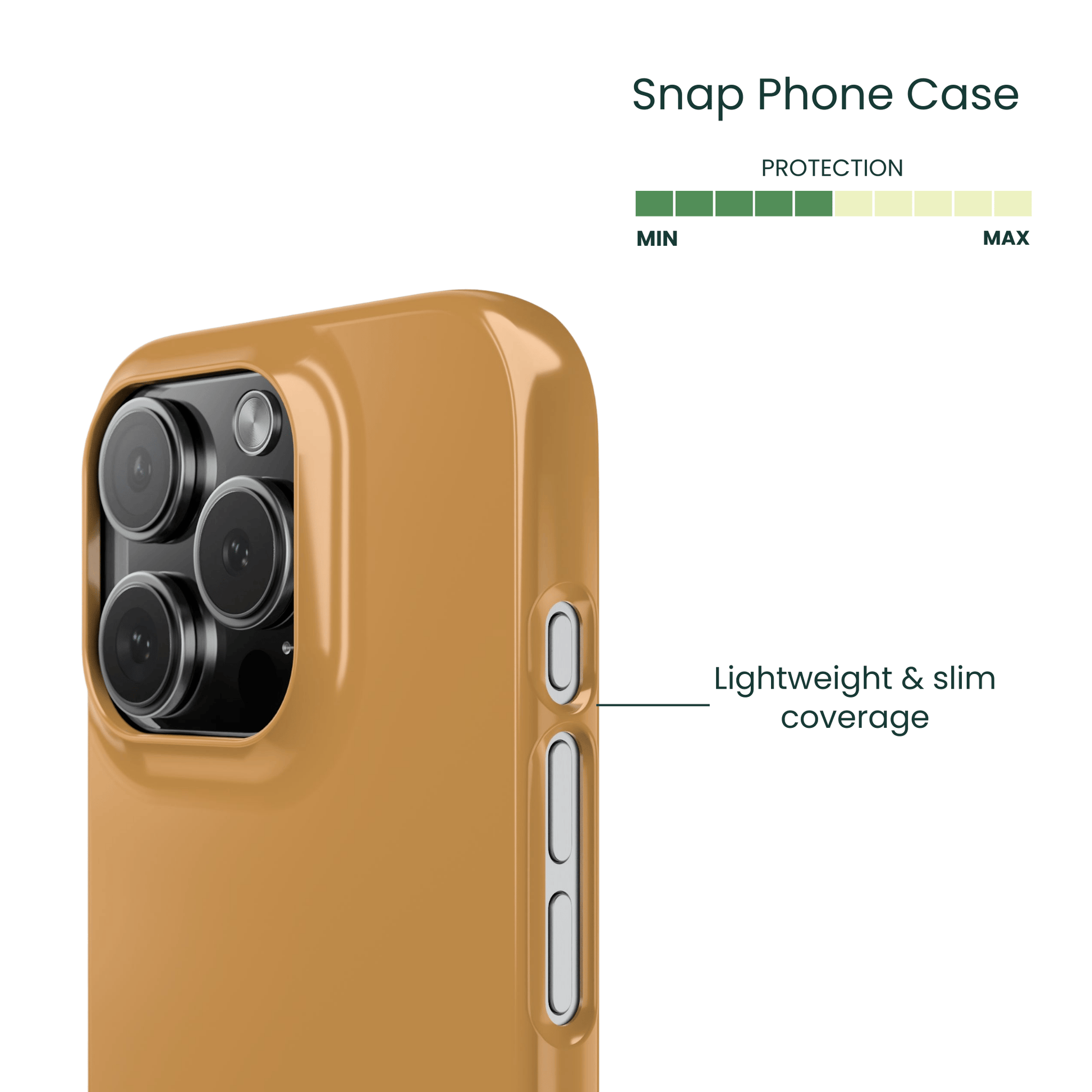 Side profile of the lightweight ochre snap case on a iPhone