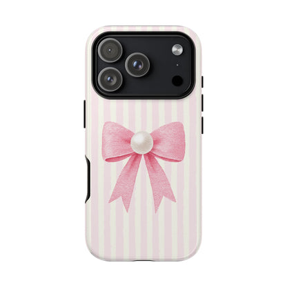 Single pink ribbon bow and pearl pattern tough case
