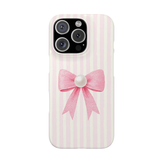 Slim Snap phone case pink stripe pearl bow