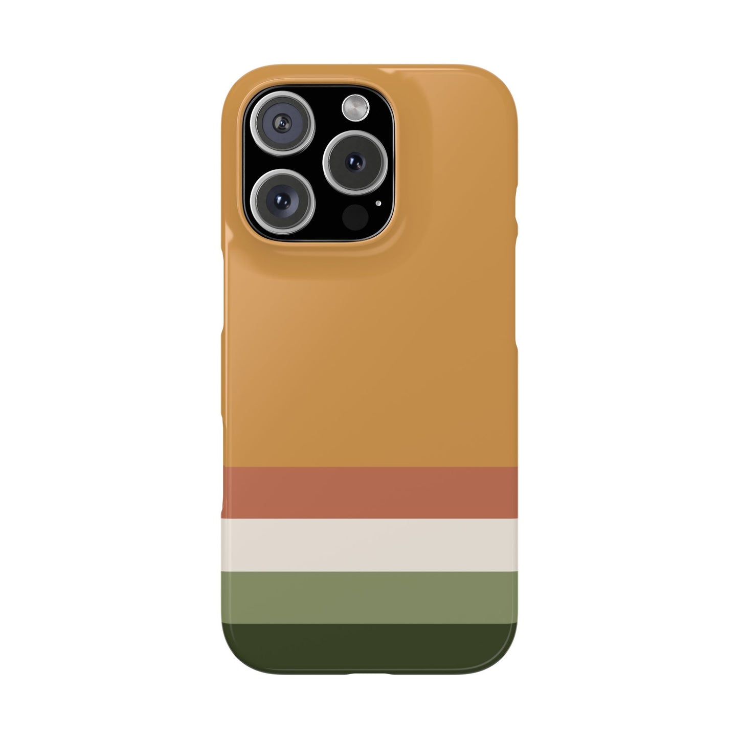 iPhone 16 Pro slim snap case with an autumn earth tone color block pattern