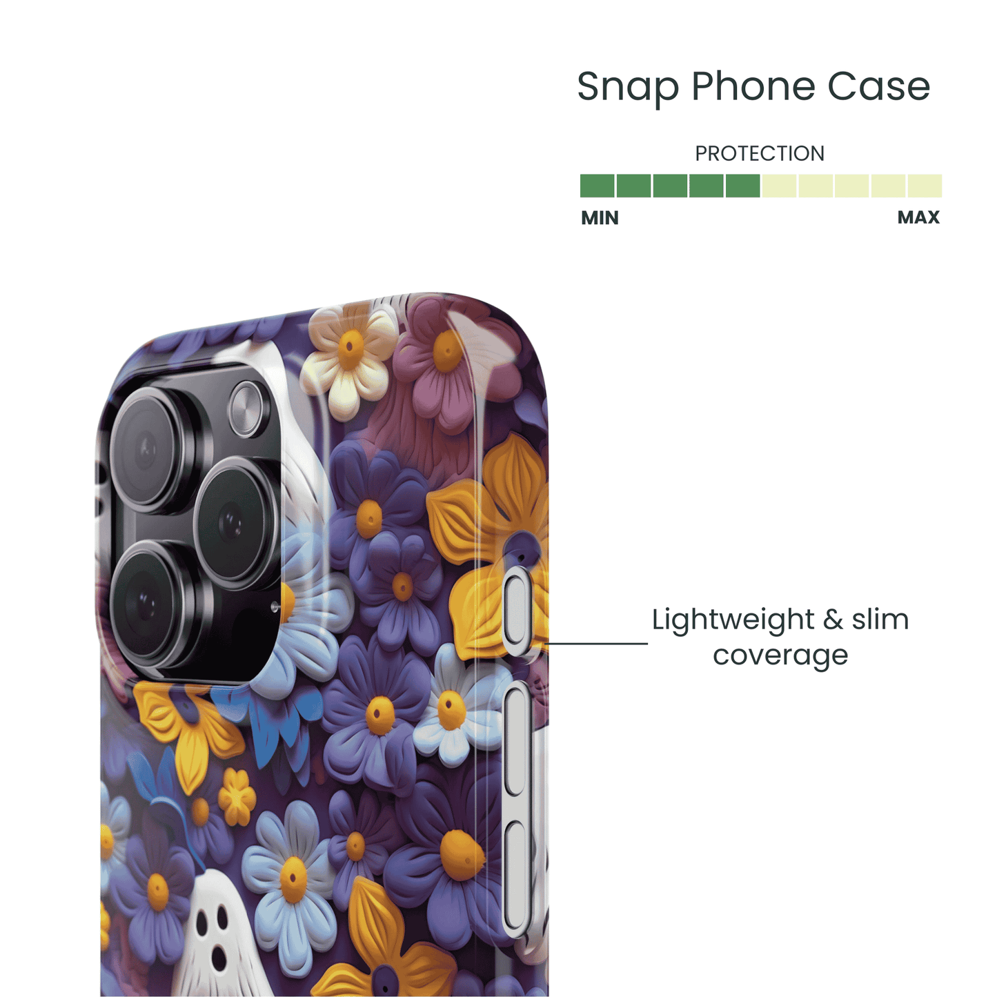Side view of the slim Clay Garden Spirits pattern on a snap case