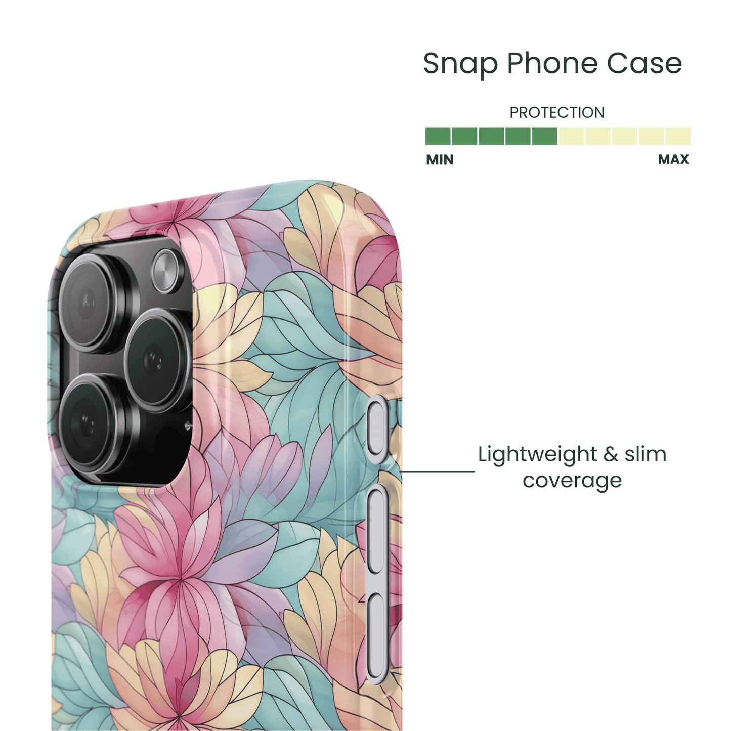Side profile of a thin stained glass floral snap case for iPhone