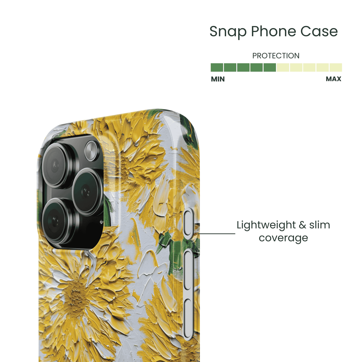 Side profile of a thin oil painting floral snap case