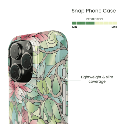 Side profile of a thin pastel stained glass floral snap case