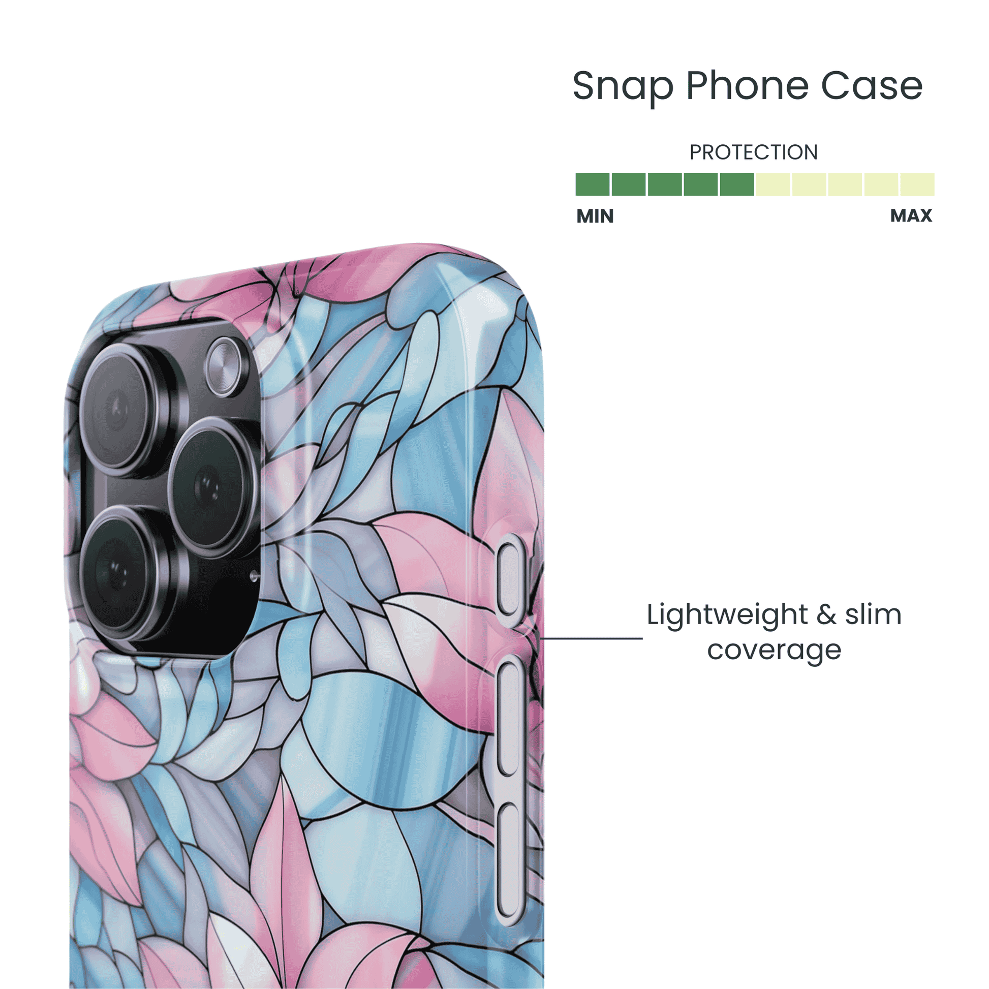 Side profile of a thin stained glass floral snap case