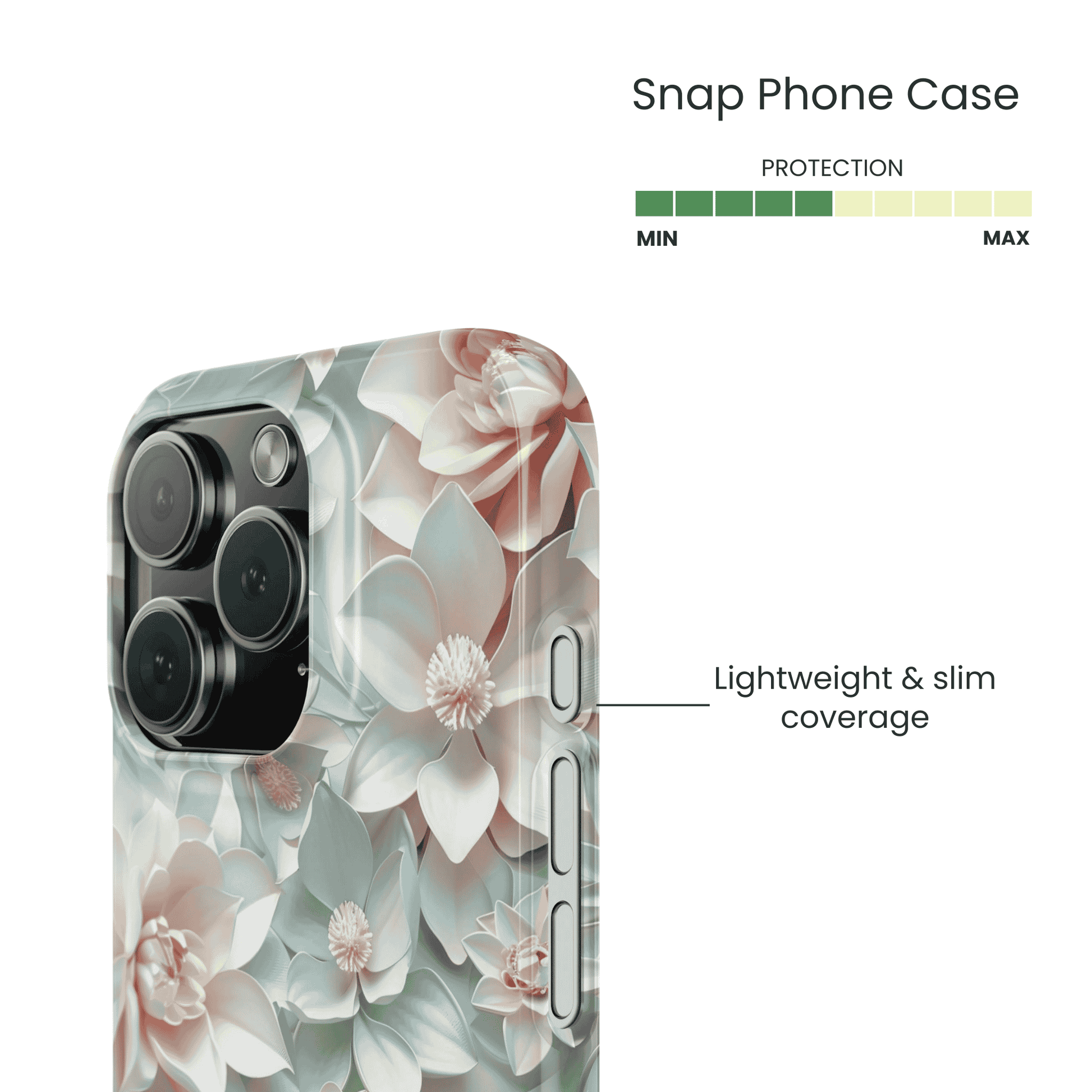 Side view of the edge-to-edge Ethereal Petals pattern on a snap case
