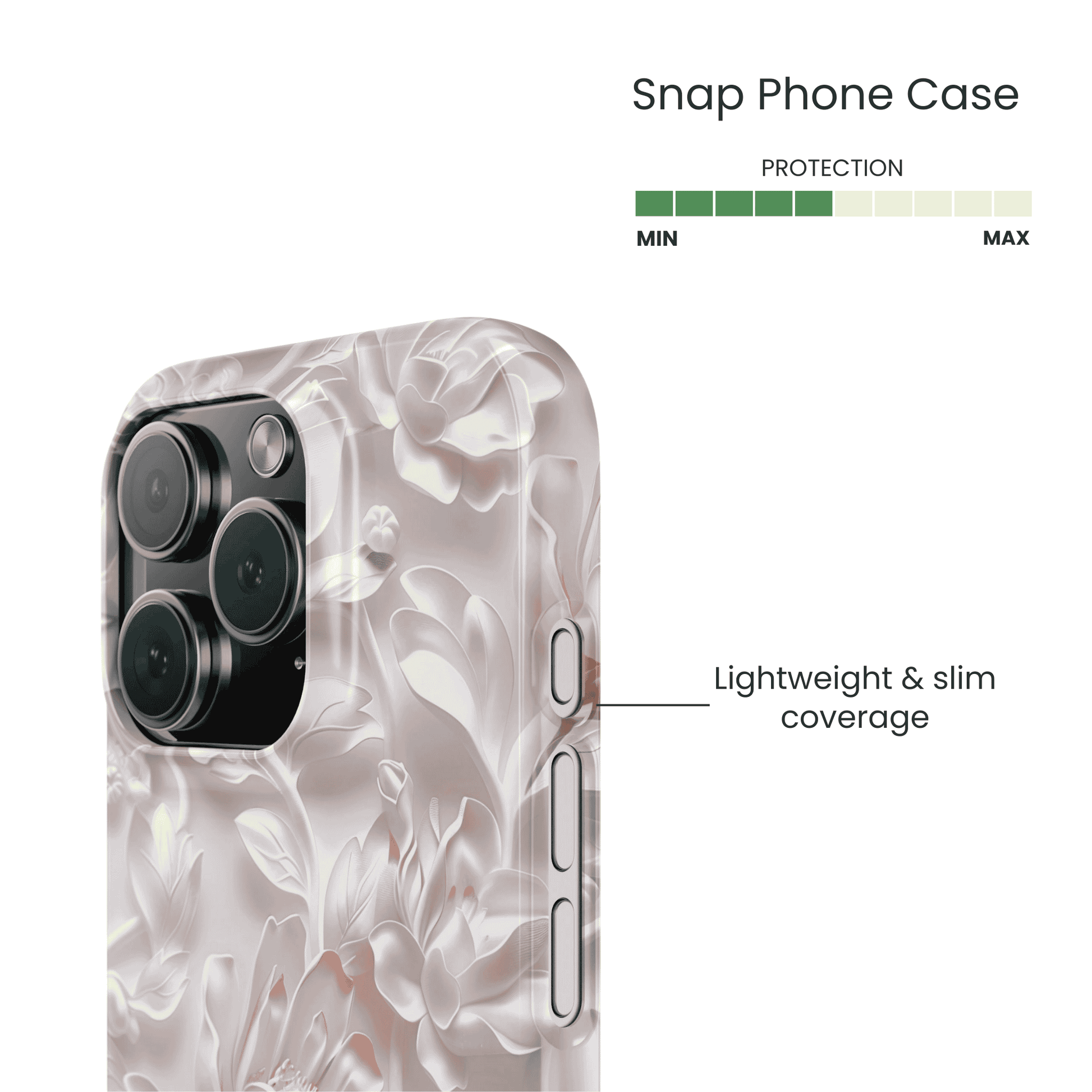 Side view of the edge-to-edge Petal Silk Floral pattern on a snap case