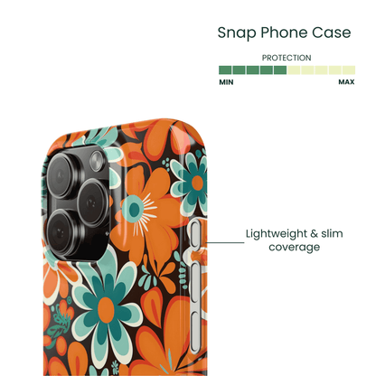 Side view of the slim Retro Groovy Floral pattern on a snap case.