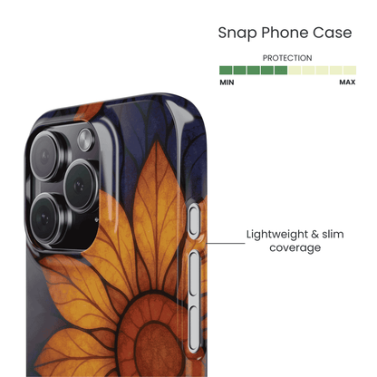 Side view of a scratch resistant thin phone cover with bold sunflower branding