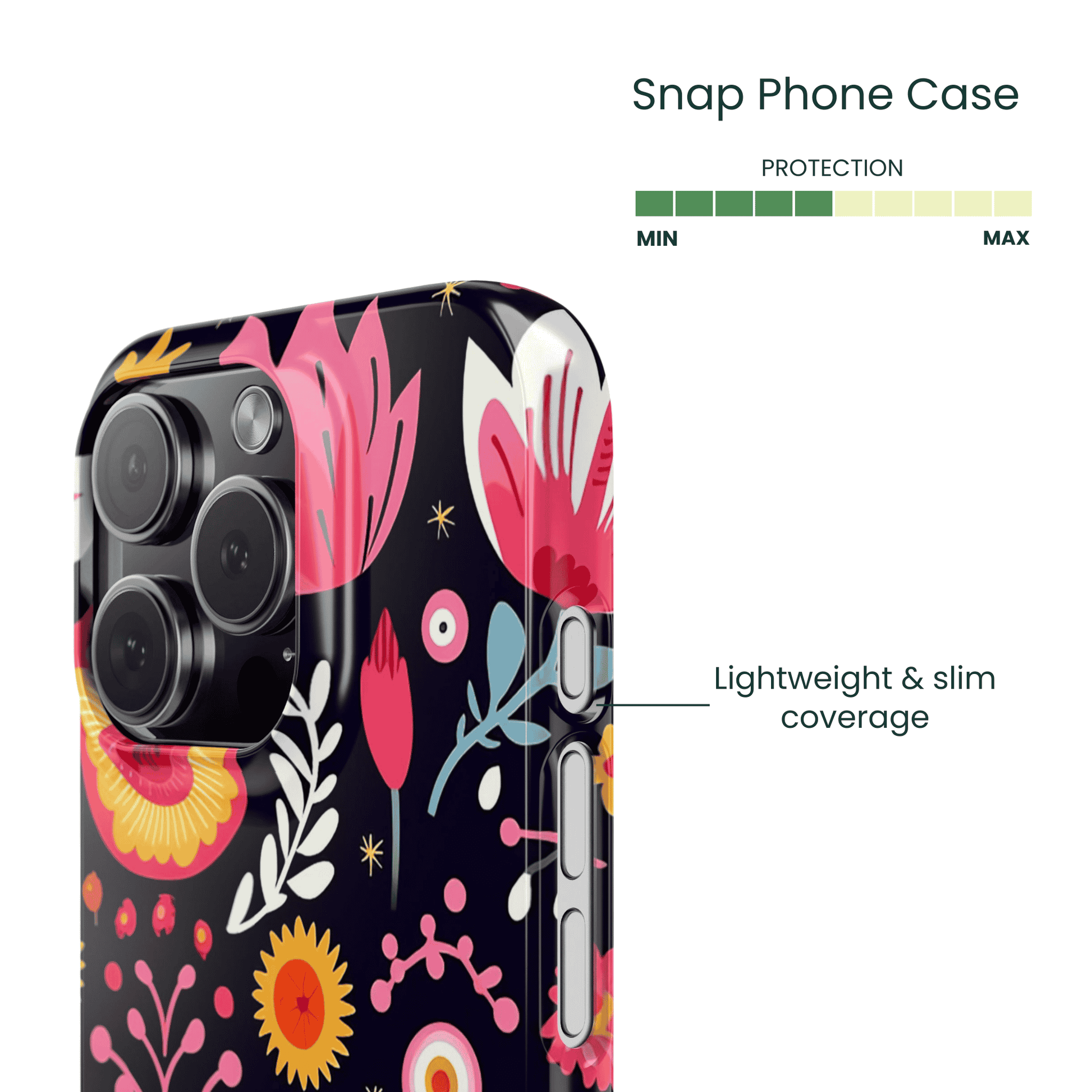 Side view of the slim Midnight Botanical pattern on a snap case