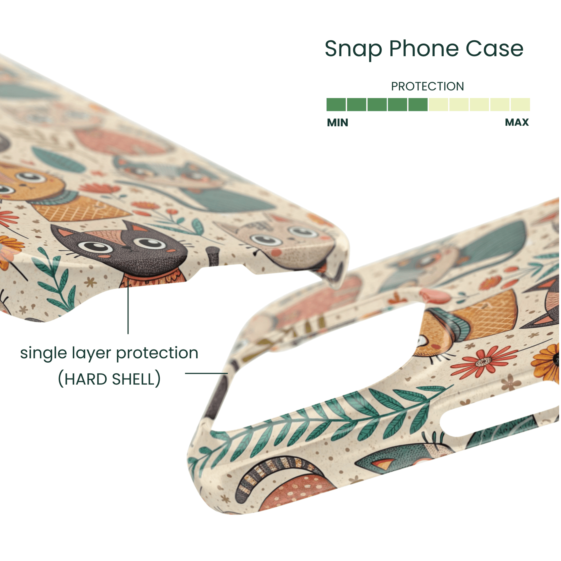 Lightweight matte hard shell snap case for iPhone with feline pattern