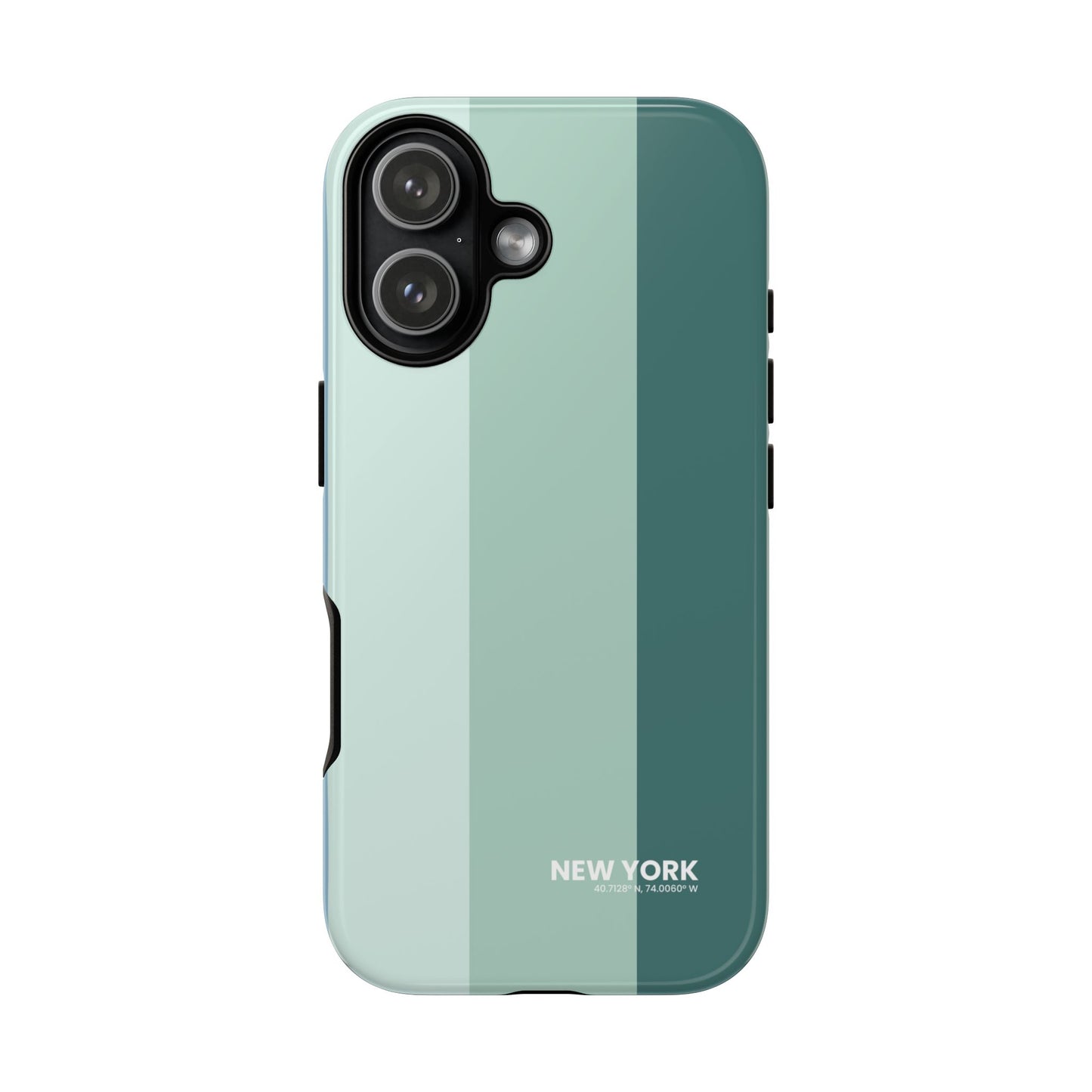 iPhone 17 tough phone case with teal and sage green vertical color block design