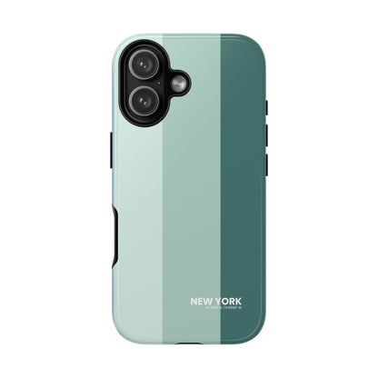 iPhone 17 tough phone case with teal and sage green vertical color block design